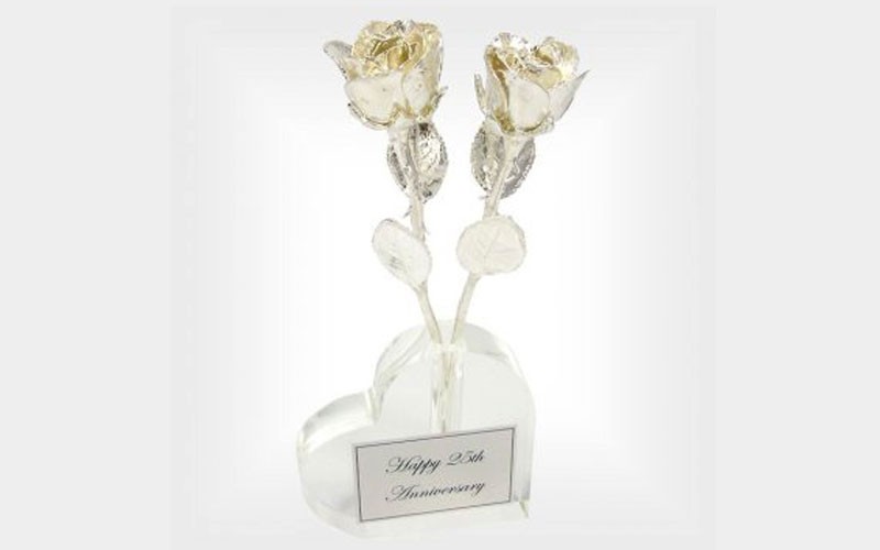 Two 8-Inch Silver Roses in Heart Vase 25th Anniversary Gift