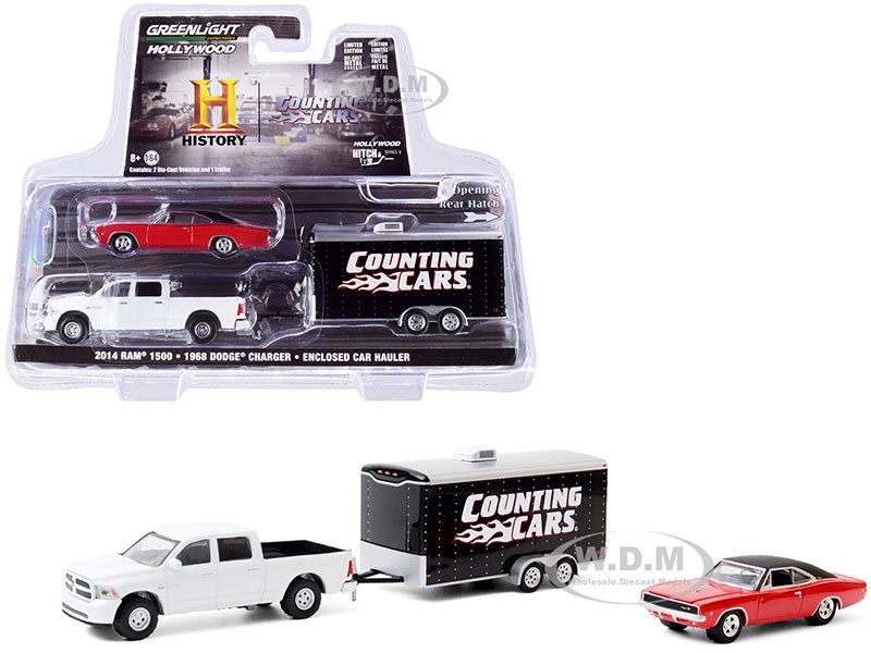 2014 Ram 1500 Pickup Truck White with 1968 Dodge Charger R/T Red Model Car