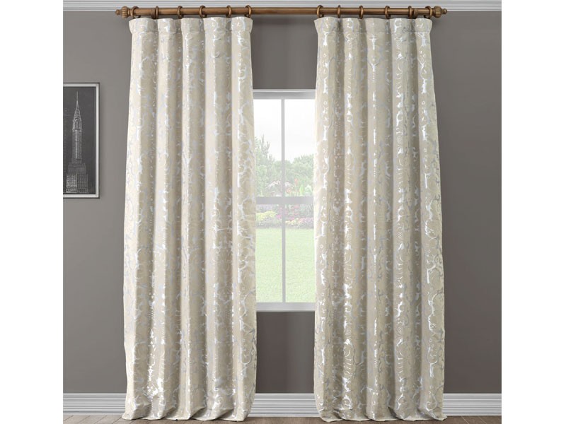 Gwendolyn Grey & Gold Designer Flocked Curtain