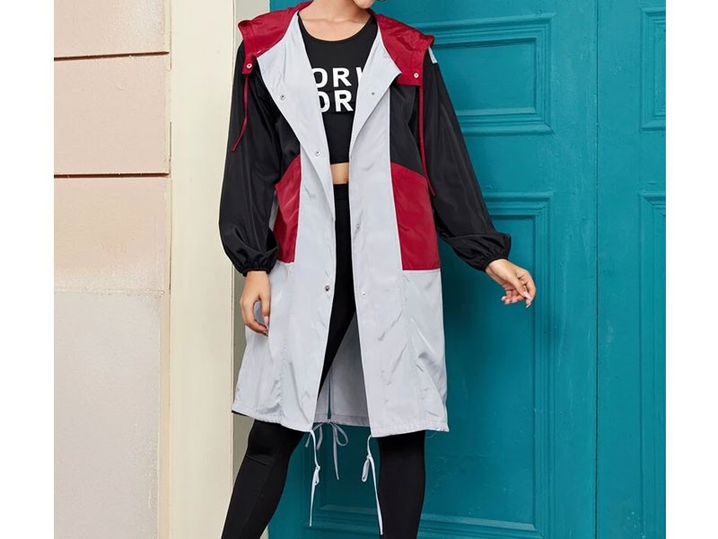 Shein Drawstring Detail Lantern Sleeve Colorblock Wind Hooded Jacket For Women