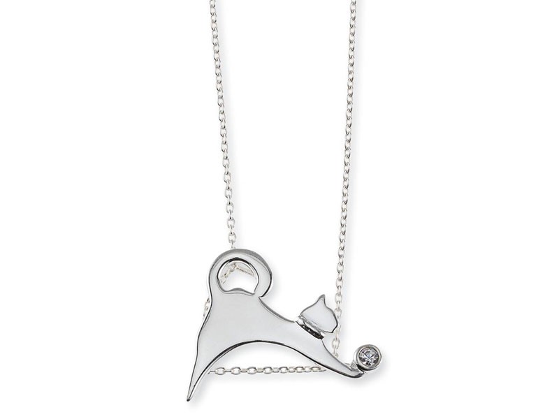Women's Sterling Silver Stretching Cat Necklace