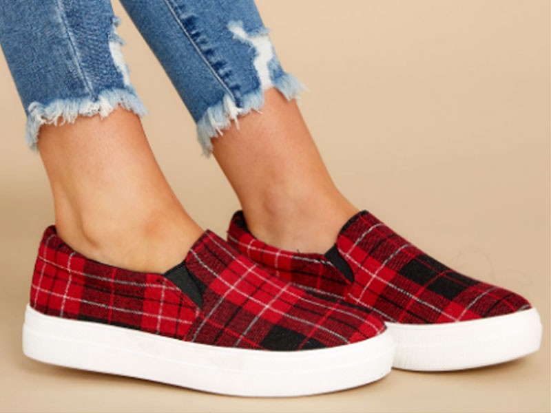 Go The Distance Red Plaid Slip On Sneakers For Women