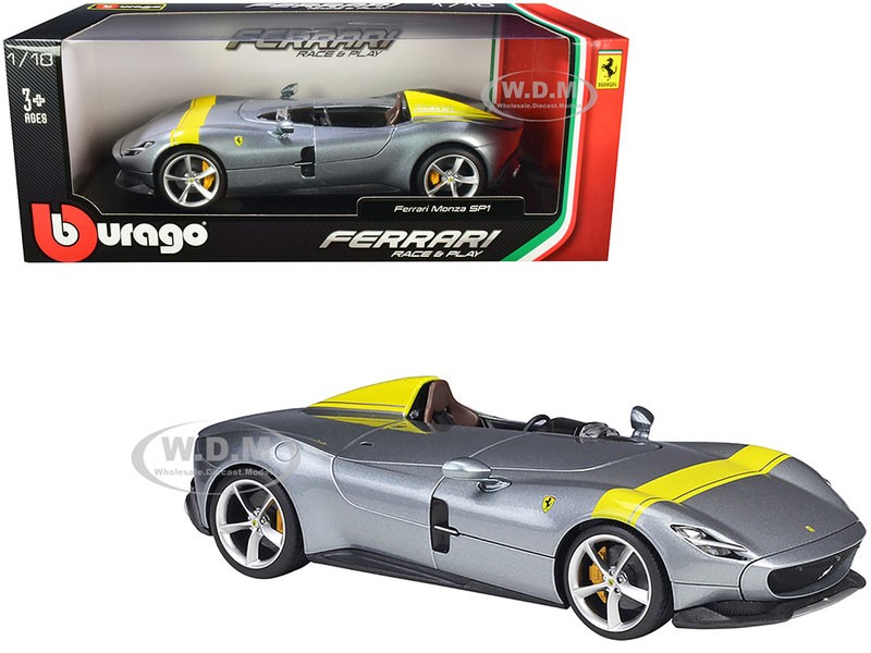 Ferrari Monza SP1 Silver Metallic with Yellow Stripes 1/18 Diecast Model Car