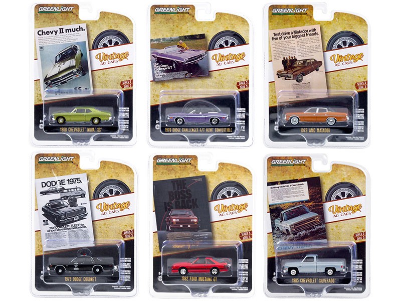 Vintage Ad Cars Set of 6 pieces Series 3 1/64 Diecast Model Cars By Greenlight