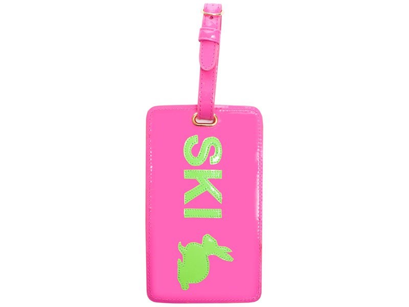 Women's Pink Luggage Tag with Green Ski Bunny