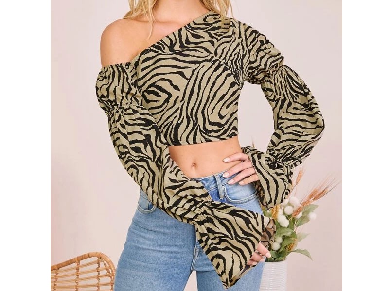 Shein Women's Asymmetrical Neck Flounce Sleeve Zebra Striped Top