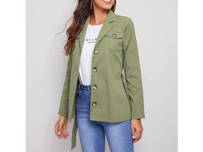 Shein Notched Collar Buttoned Front Pocket Patched Self Belted Coat For Women