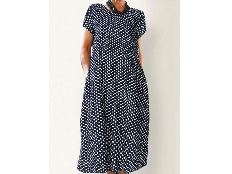 Women's Crewneck Polka Dot Print Short Sleeve Midi Dress S Navy