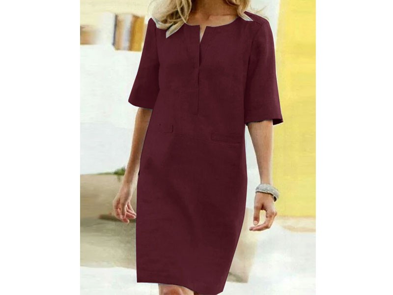 Casual Solid Color Decorative Pockets Half Sleeve Loose Midi Dress For Women