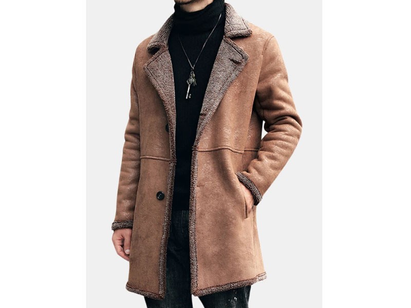Mid Long Winter Faux Chamois Leather Trench Coat Thicken Jacket For Men