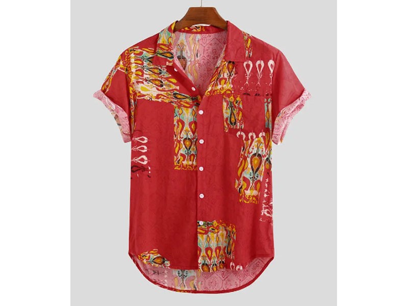 Men's Summer Ethnic Printed Chest Pocket Down Collar Short Sleeve Casual Shirt