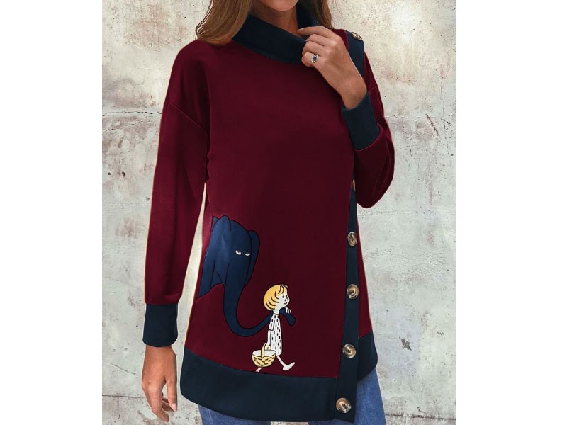 Cartoon Print Patchwork Asymmetical Plus Size Sweatshirt For Women