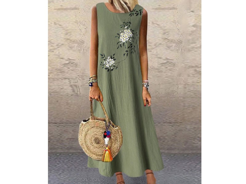 Flower Print Sleeveless Women's Loose Summer Dress With Pocket