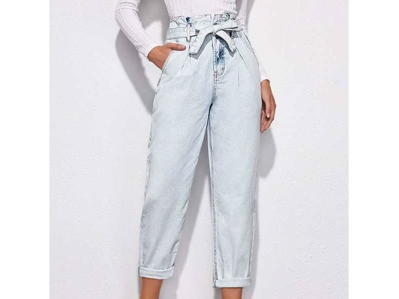 High Waisted Roll Hem Slant Pocket Belted Jeans For Women