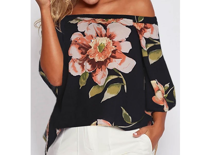 Black Slit Design Random Floral Print Off Shoulder Blouse For Women