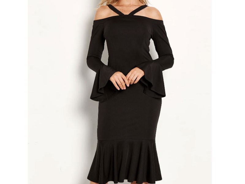 Black Cold Shoulder Long Bell Sleeves Fishtail Dress For Women