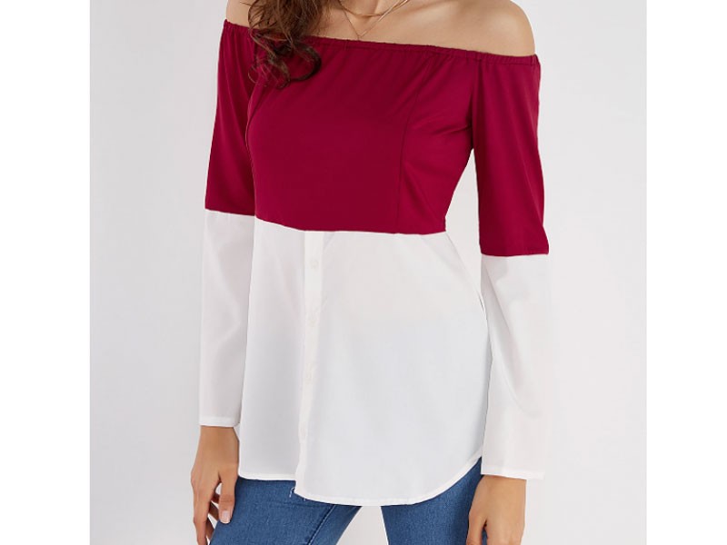 Burgundy & White Off Shoulder Long Sleeves T-shirt For Women