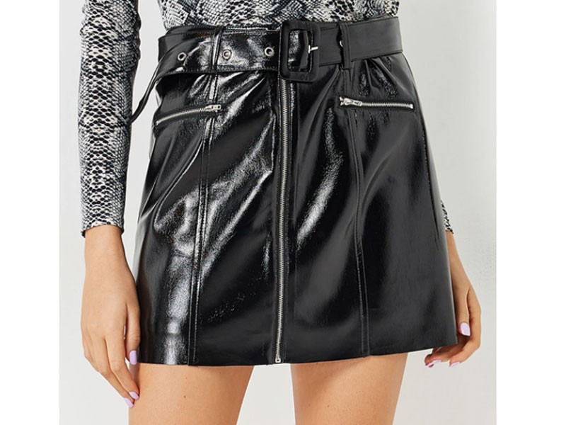 Black Zip Design PU Skirt with Belt For Women