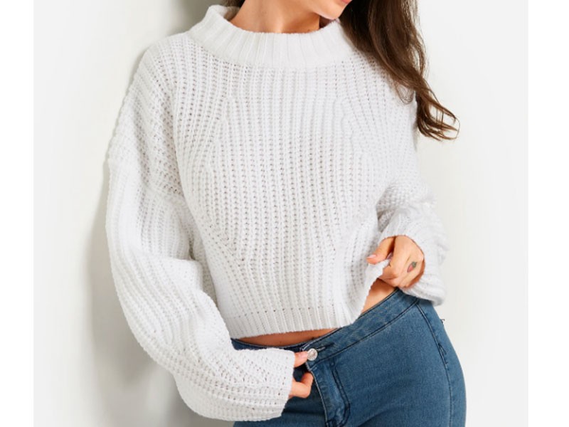 White Plain Round Neck Long Sleeves Loose Knitting Sweaters For Women