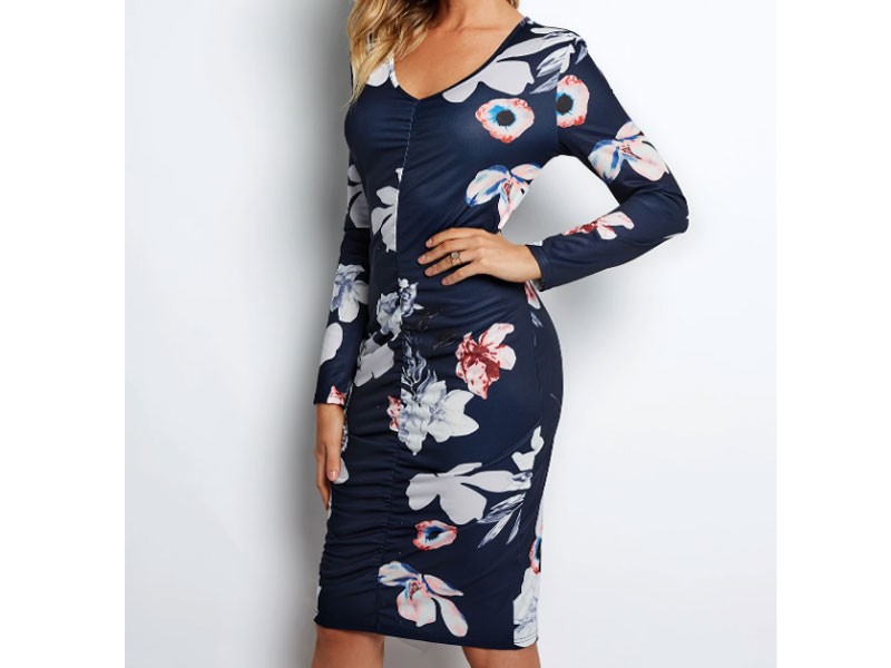 Navy Pleated Design Random Floral Print V-neck Midi Dress For Women