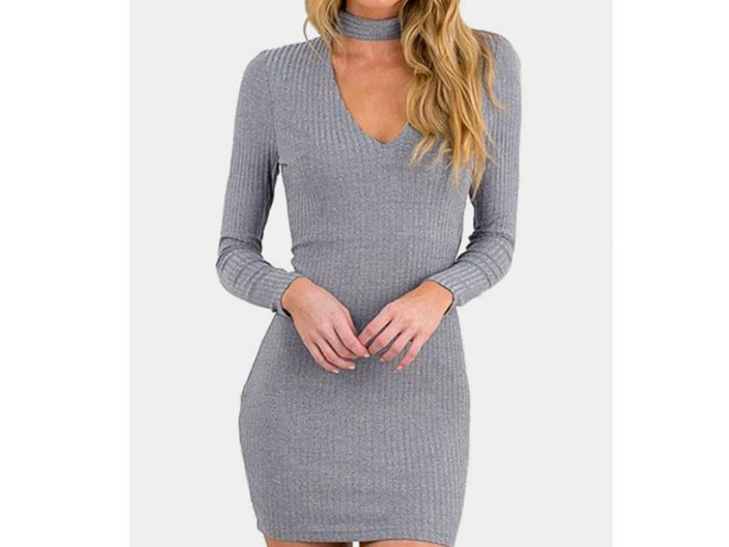 Gray V-neck Mini See-through Thin Bottoming Dress For Women