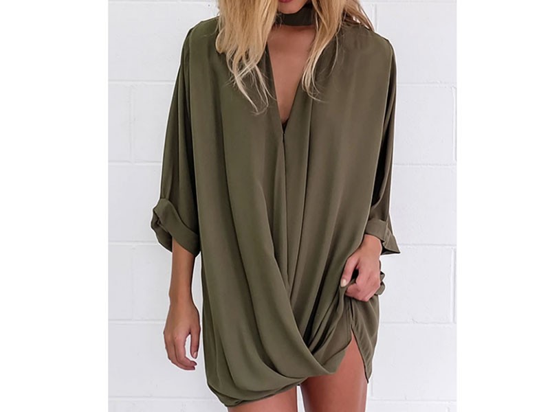 Army Green Cross Front Semi-sheer V-neck Mini Shirt Dress For Women