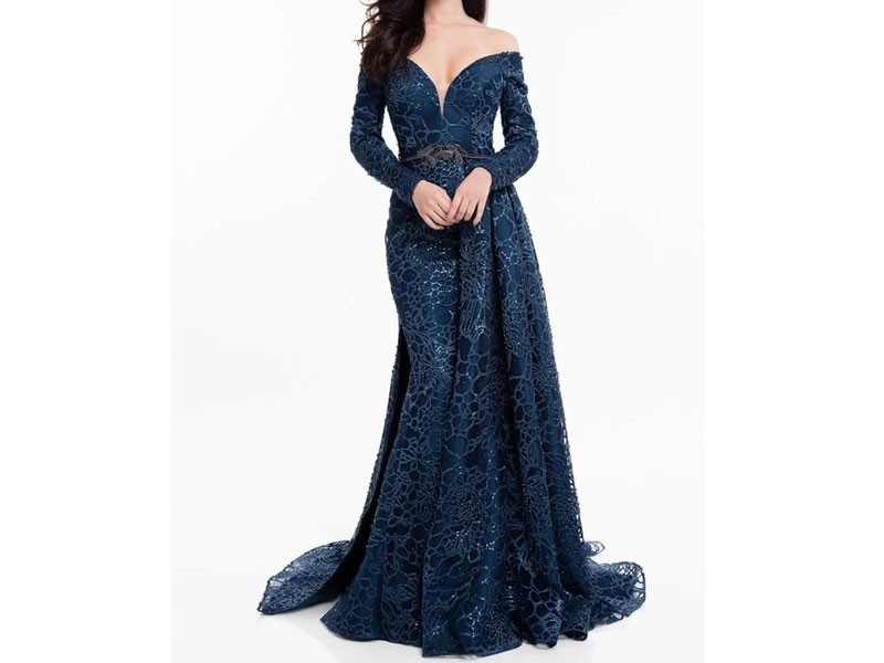 Terani Couture Long Sleeve Off Shoulder Overskirt Gown Dress For Women