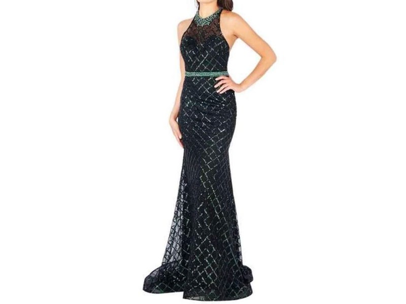 Mac Duggal Flash Bedazzled Halter Trumpet Dress With Train