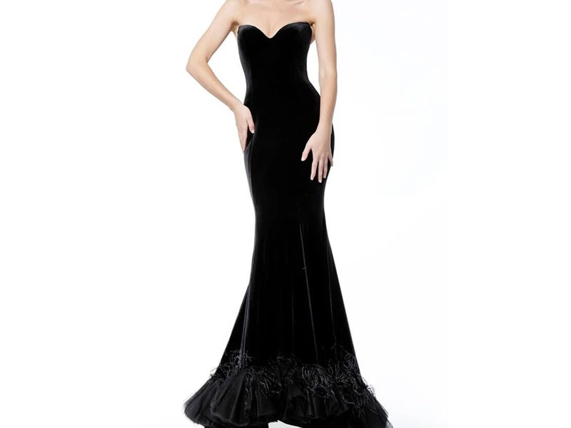 Jovani Strapless Velvet Feather Trimmed Trumpet Dress For Women