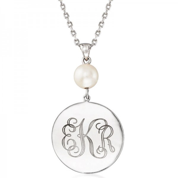 Sterling Silver Personalized Disc Necklace with 8-9mm Cultured Pearl. 18
