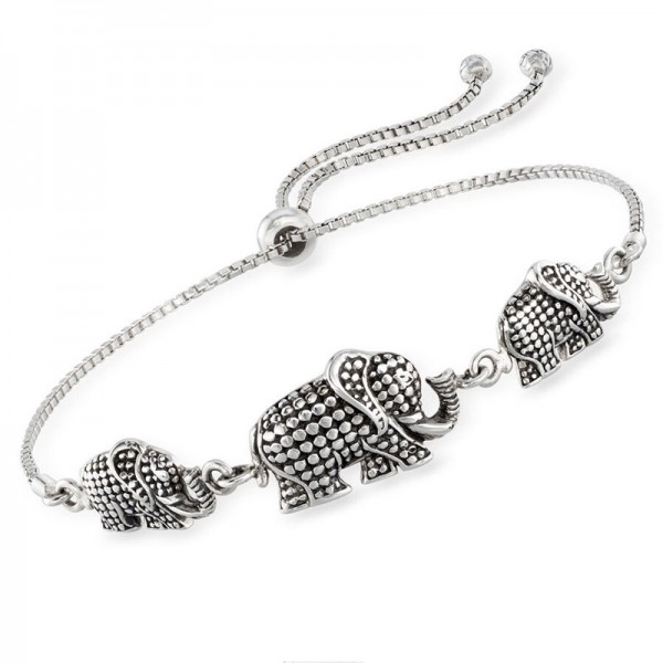 Sterling Silver Bali-Style Elephant Trio Bolo Bracelet