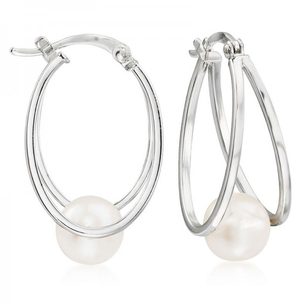 8-9mm Cultured Pearl Double-Hoop Earrings in Sterling Silver 1