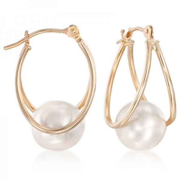 8-9mm Cultured Pearl Double-Hoop Earrings in 14kt Yellow Gold 3/4