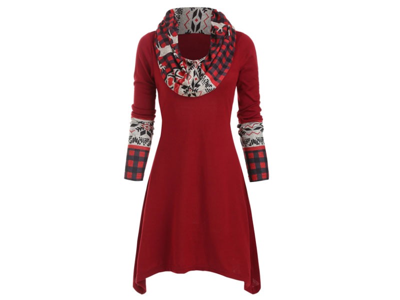 Christmas Elk Plaid Knitted Multiway Asymmetrical Dress For Women