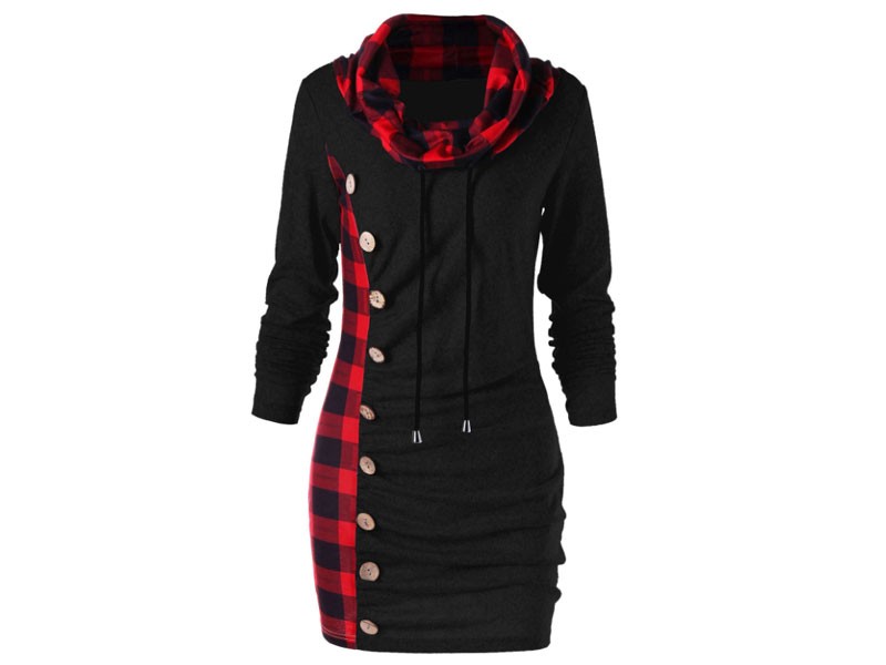 Women's Plaid Drawstring Cowl Neck Tunic Sweatshirt Dress