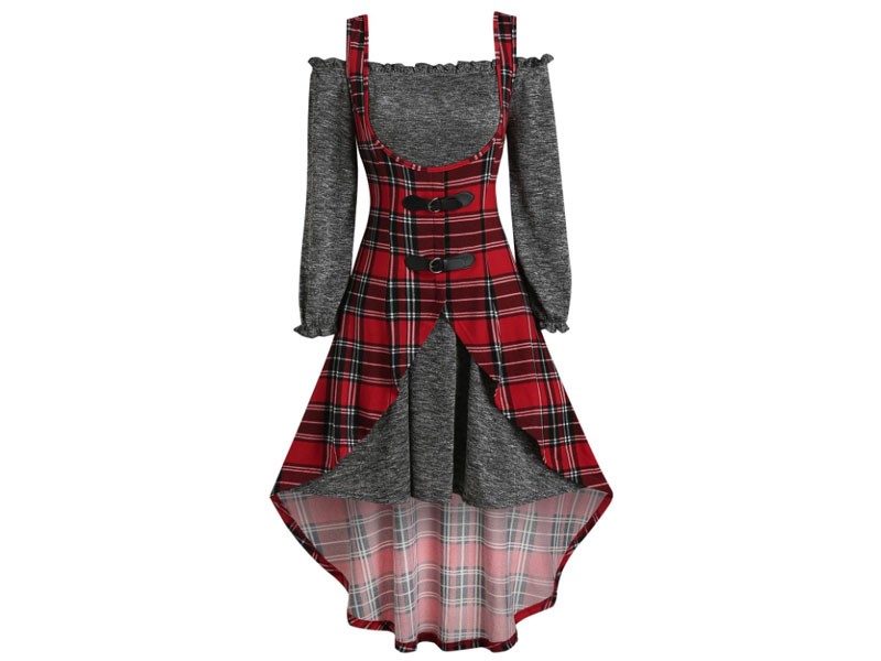 Off The Shoulder Heathered Dress and Plaid Print Buckle Strap Vest For Women