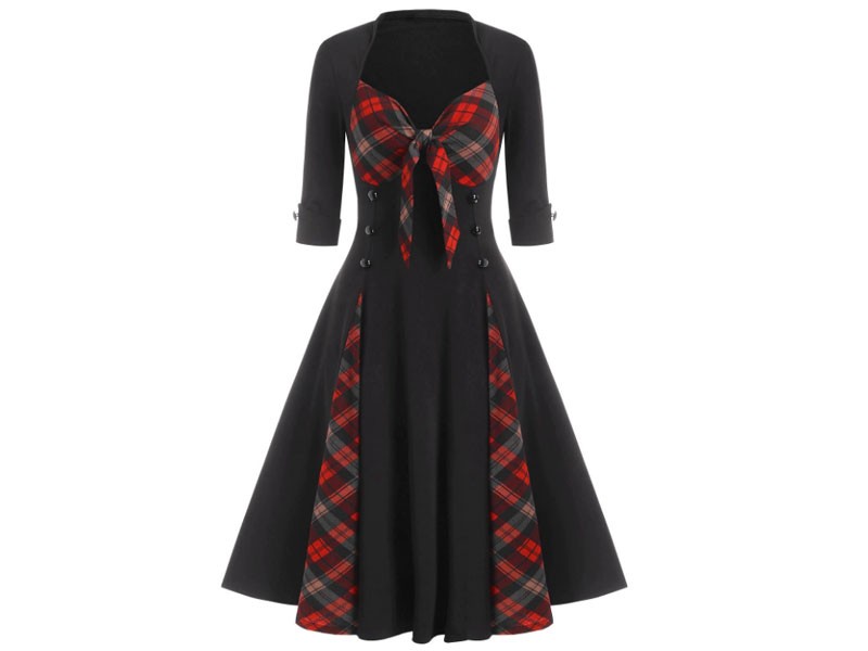 Plaid Print Mock Button Bowknot Detail Vintage Dress For Women