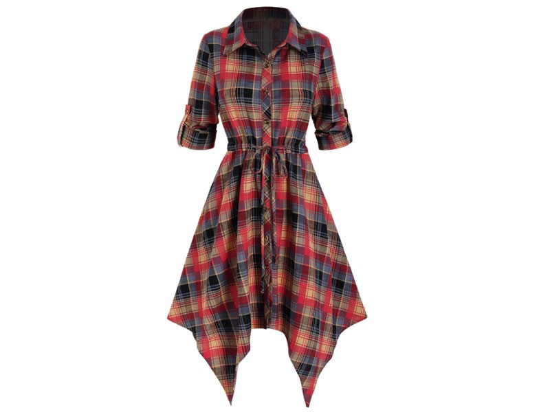 Plaid Print Drawstring Irregular Shirt Dress For Women