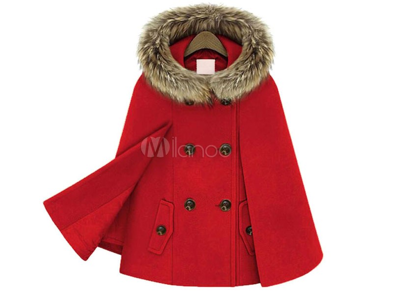 Women's Hooded Cape Coat Double Breast Faux Fur Trim Woolen Coat