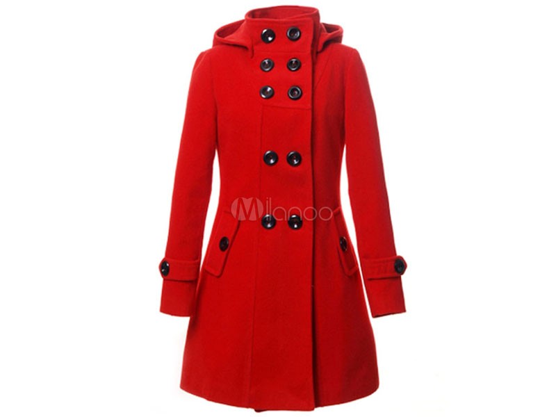 Women's Trench Coat Red Peacoat Hooded Long Sleeve Double