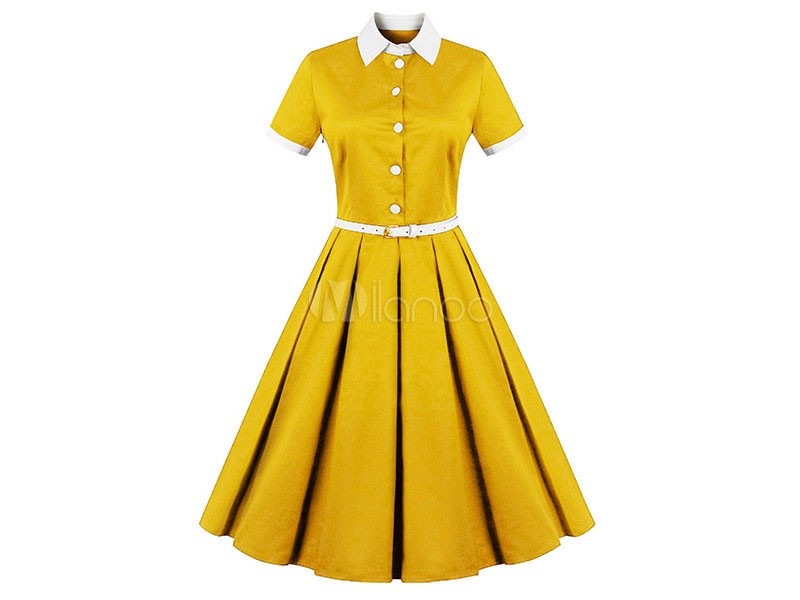 Vintage Dress 1950s Women's Yellow Shirt Dress Short Sleeve Midi Dress