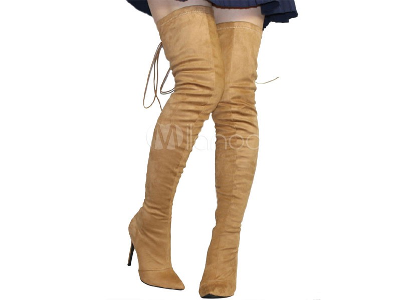 Thigh High Boots Women's Micro Suede Lace Up Pointed Toe