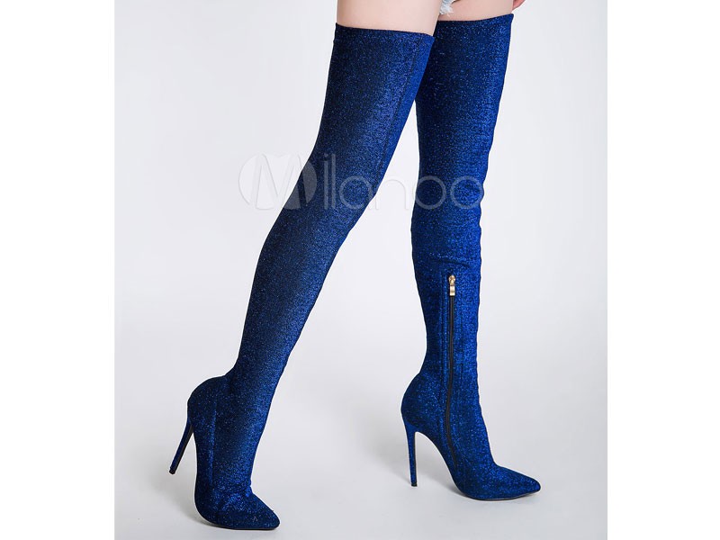 Thigh High Boots Women's Sequined Cloth Pointed Toe Stiletto Heel