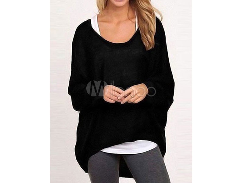 Women's Black Sweater Long Sleeve High Low Pullover Knitted Top