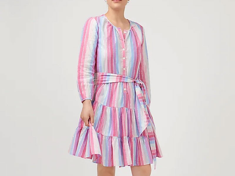 Women's Belted Button-Up Dress In Pastel Stripe