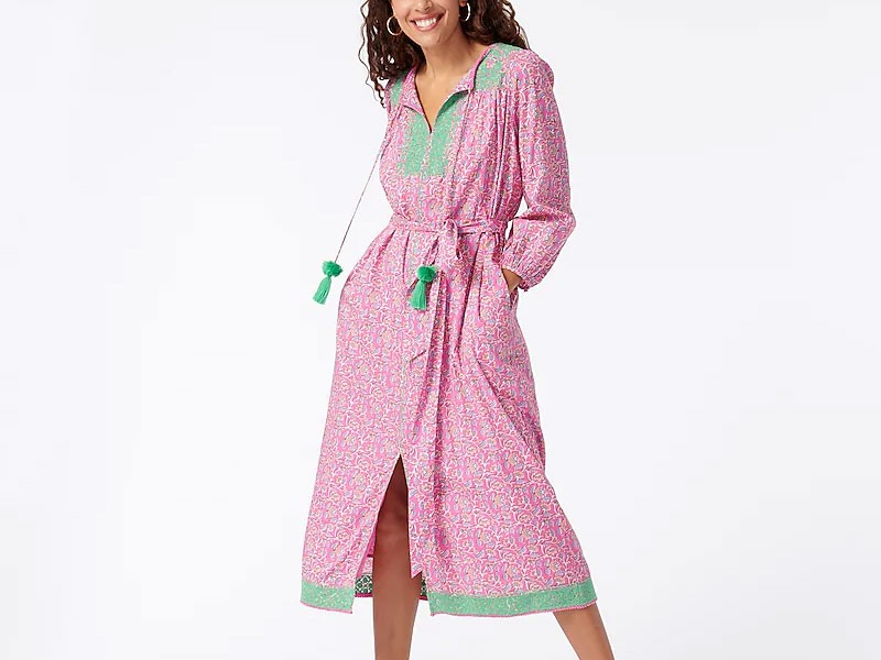 Women's Belted Tunic Dress In Pink Vines Block Print