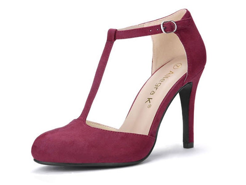 Women's Rounded Toe Stiletto Heel T-Strap Dress Pumps