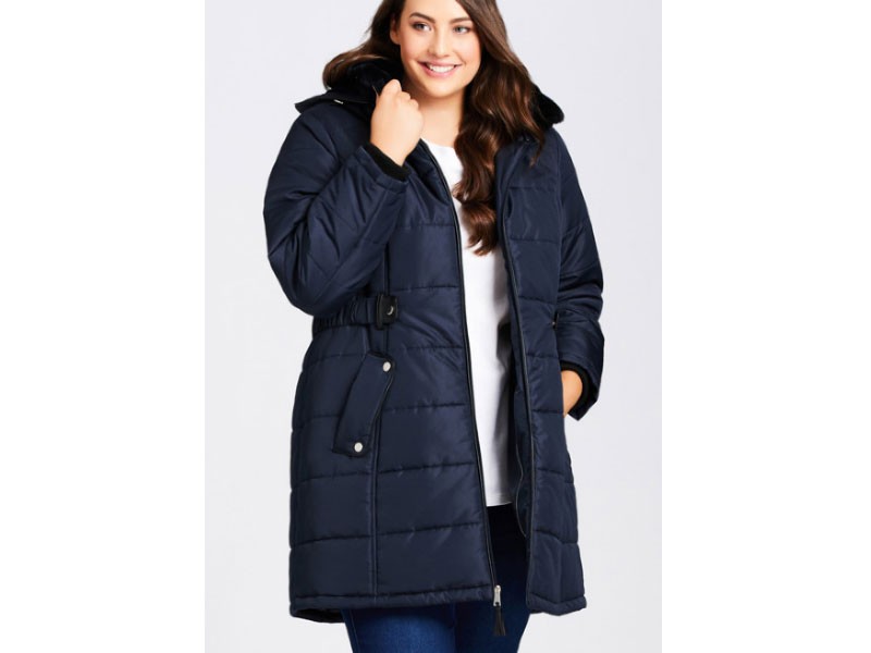 Women's Side Plus Size Belt Puffer Jacket Navy