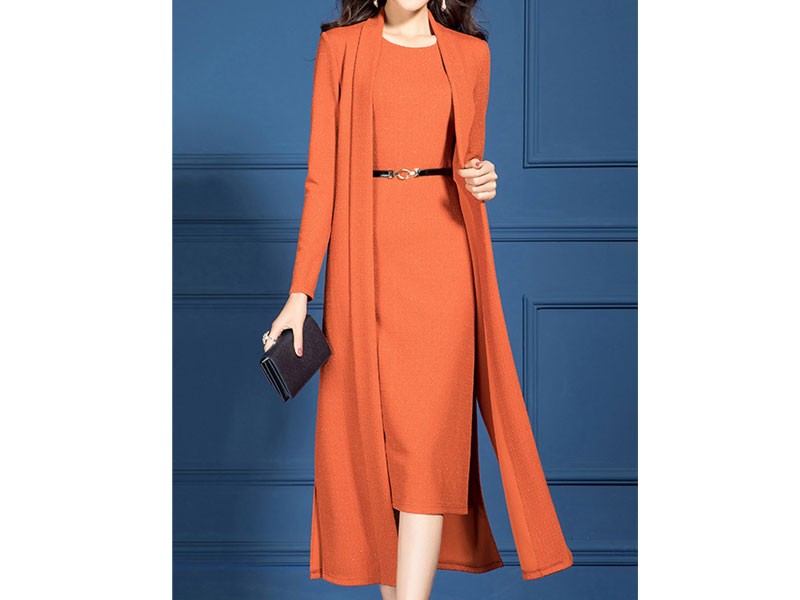 A-Thena Slit Sheath Daily Coat with Dress Set For Women 