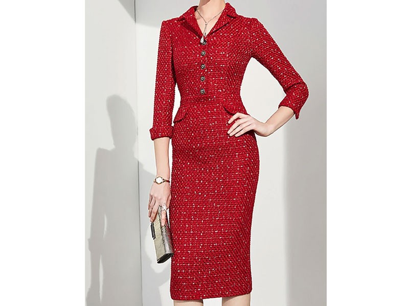 A-Thena Lapel Red Bodycon 3/4 Sleeve Date Midi Dress For Women